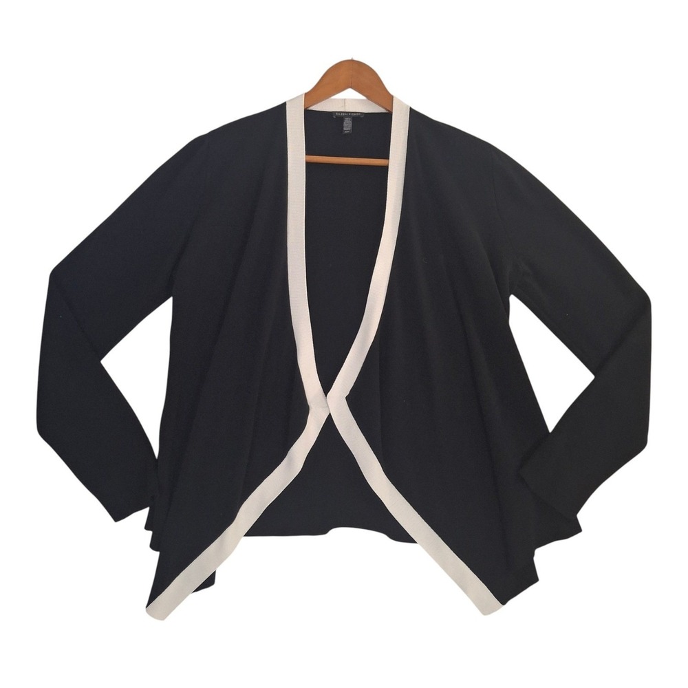 Eileen Fisher Black White Colorblock Open Front Cardigan Draped Knit Sweater M